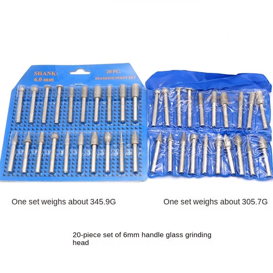 20-piece diamond grinding bits / carving needles, 6mm shank diameter