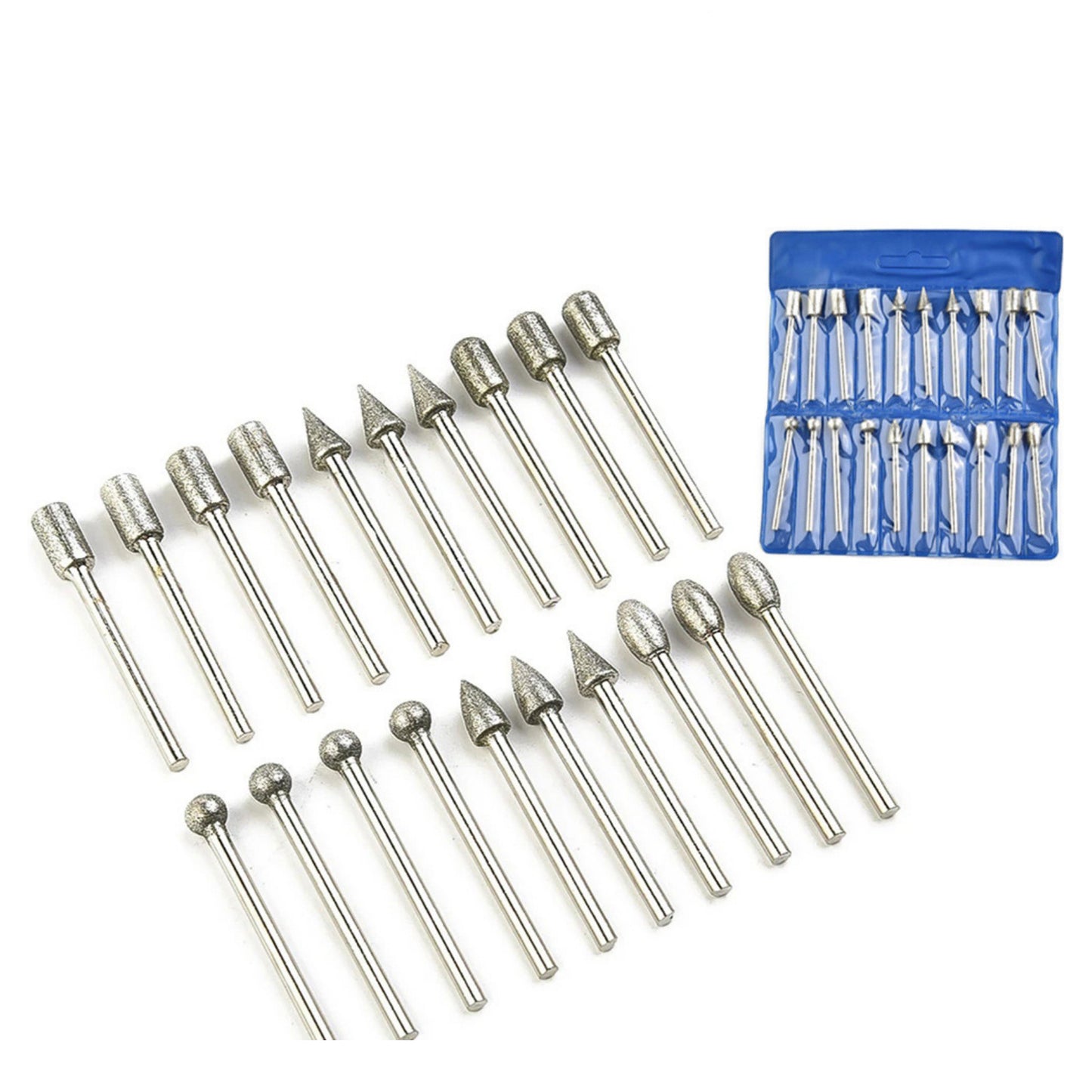 20Pcs Diamond Drill Grinding Bit Set, 1/8 inch Shank Diamond Coated Stone Carving Tools for Gemstone Jade Agate Marble Crystal Metal Stone Glass Ceramics