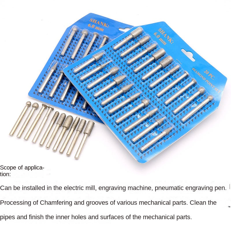 20-piece diamond grinding bits / carving needles, 6mm shank diameter