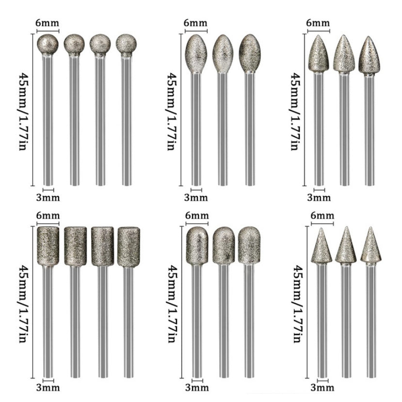 20Pcs Diamond Drill Grinding Bit Set, 1/8 inch Shank Diamond Coated Stone Carving Tools for Gemstone Jade Agate Marble Crystal Metal Stone Glass Ceramics
