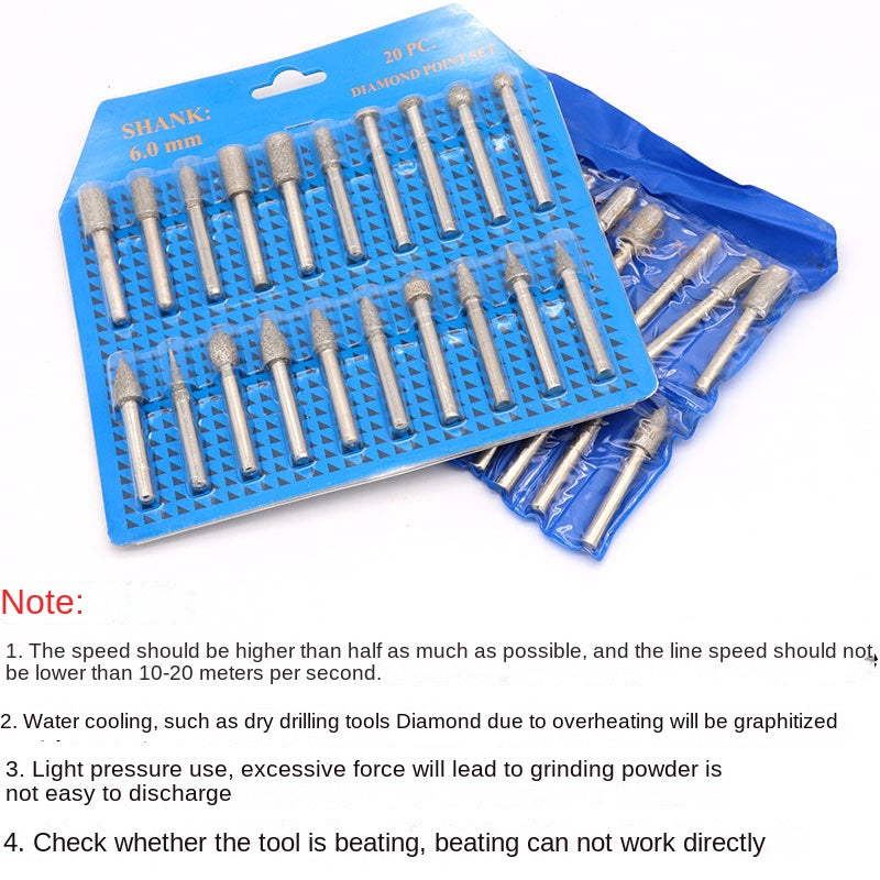 20-piece diamond grinding bits / carving needles, 6mm shank diameter